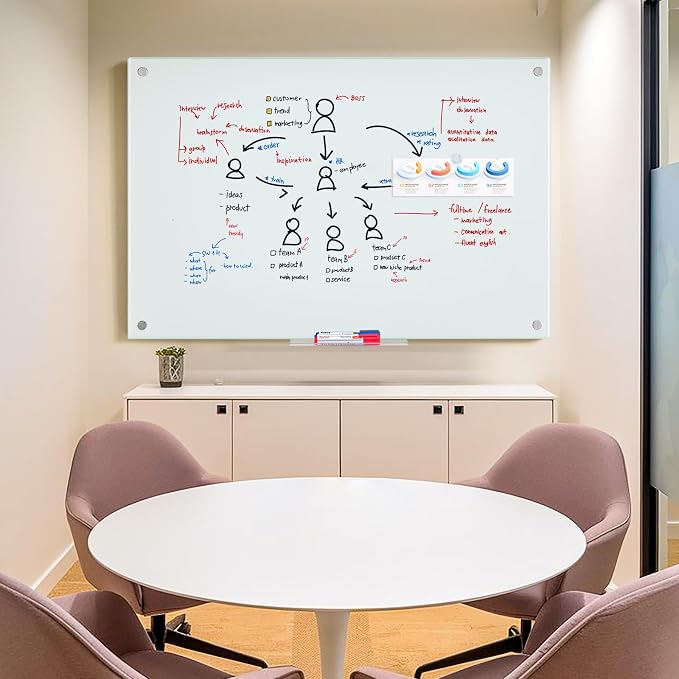 Maxtek Magnetic Glass Whiteboard 48x 32 in, Frameless Glass Board for Wall | Glass White Board Dry Erase Wall Mounted, Strong Magnetic Surface, Markers, Magnets, and Eraser for Classroom, Home, Office
