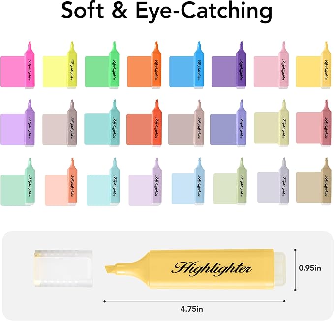 24 Pack Pastel Highlighters, Quick-Dry Chisel Tip Marker Pens | Mini Water-Based Highlighters | 6 Bright & 18 Soft Colors for Notes, Journals & Office