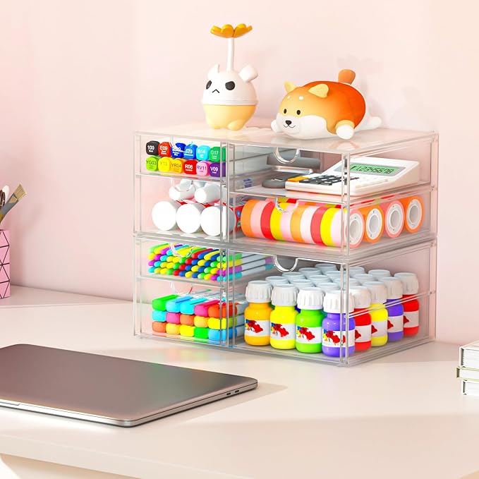 6-Pack 30-Drawer Acrylic Storage & Makeup Organizer for Desk | Smooth-glide drawers, clear body, dustproof, for office supplies, pens, stationery, jewelry, cosmetics, craft bits