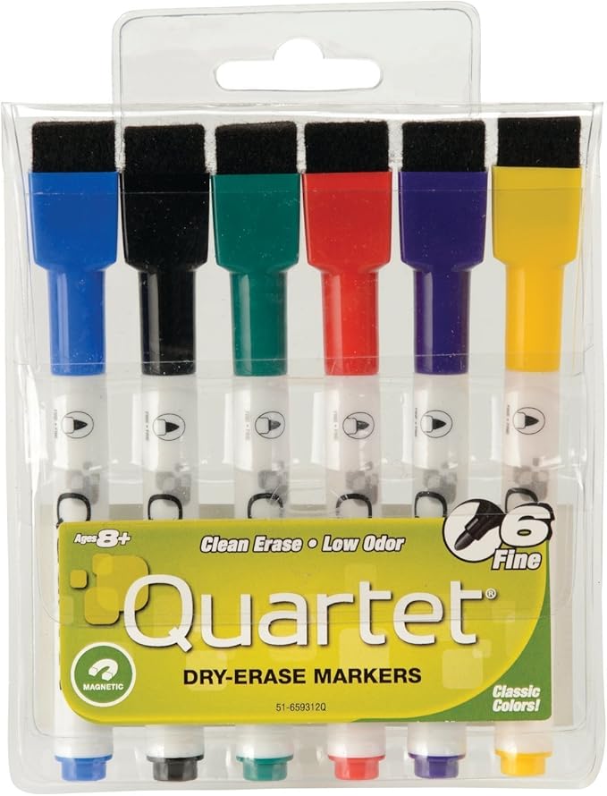 Quartet Magnetic Dry Erase Markers, Fine Point, ReWritables, Mini, Magnetic, Assorted Colors, 6 Pack (51-659312Q)