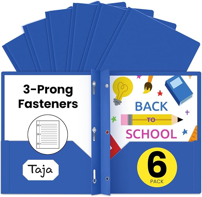 Taja Plastic Folders with Pockets and Prongs (6 Pack, Blue), 2-Pocket Poly Folders with 3 Hole Punch and Business Card Slot, Fits Letter Size Paper, for School, Office, or Home Use