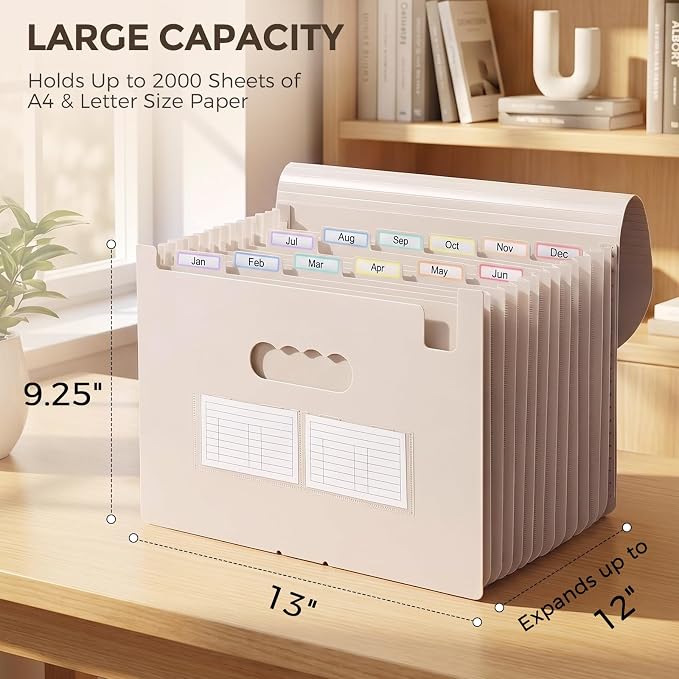 SKYDUE Accordion File Organizer, Expanding File Folder with 13 Pockets, Portable Document Paper Bill Receipt Organizer, Home School Office Supplies, Letter A4 Size Brown