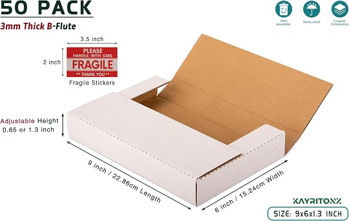 9x6x1.3 inch Cardboard Box for Shipping DVD, CD, Book, 50 Pack | Flat Small Box for Mailing, Storing, packaging, Business or Home, with Fragile Stickers, Multi-Depth, Easy-Fold, White