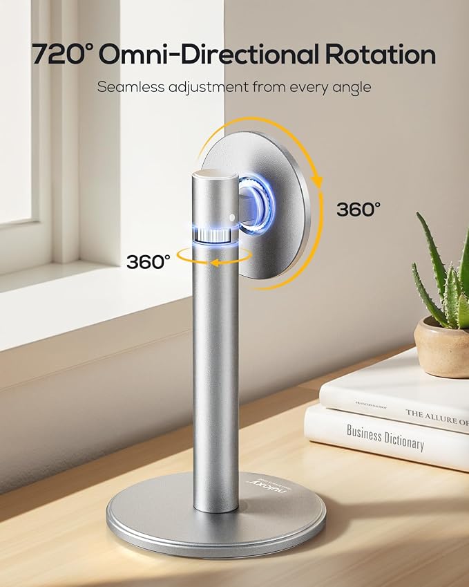 Nulaxy Magnetic Full Aluminum Cell Phone Stand with 360 Rotating, Silver | Stable Base, Includes Metal Ring, Works with Thick Cases, Hands-Free, Office Accessories, Compatible with All Phones
