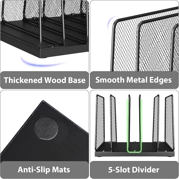 LEKETREE Desk File Organizer, 5-Section Upright File Sorter, Vertical File Folder Holder, Mesh Metal Wood Office Desktop Organization for Document, Magazine, Books and more (Black)