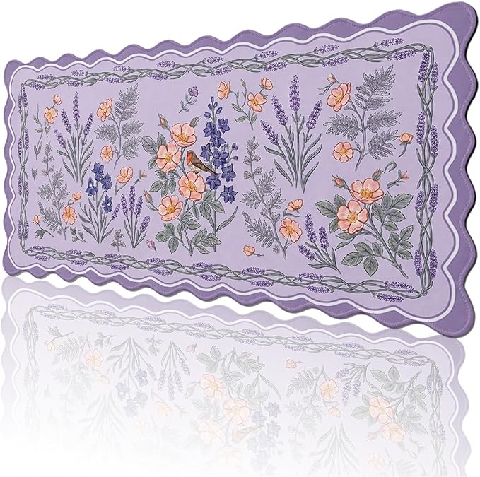 Lavender Floral Scalloped Mouse Pad Bird Botanical Lilac Garden Large Gaming with Stitched Edges,Non-Slip Waterproof Rubber Base Mous Mat Office Computer Keyboard Laptop Home 31.5"x15.7"
