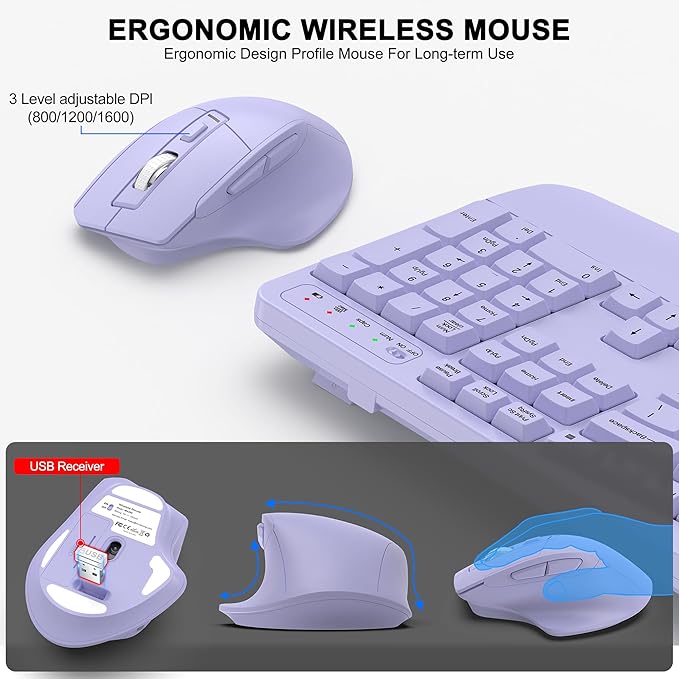 Wireless Keyboard and Mouse Combo, 2.4G Ergonomic Wave Keys(Purple) | Full Size Wave Keyboard with Wrist Rest, 3-Level DPI Adjustable Ergonomic Mouse for Windows and Mac OS Desktop/Laptop/PC