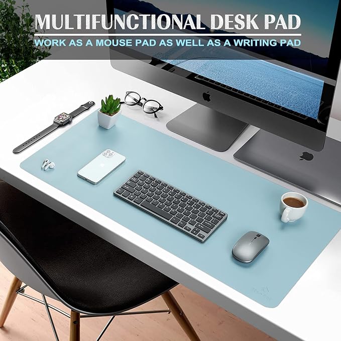 K KNODEL Large Office Desk Mat, Leather Mouse Pad (31.5"x15.7", Light Blue) | Desk Pad, Keyboard Pad, Computer and Laptop Mat, Desktop Protector and Cover, Writing Pad and Blotter for Home Office