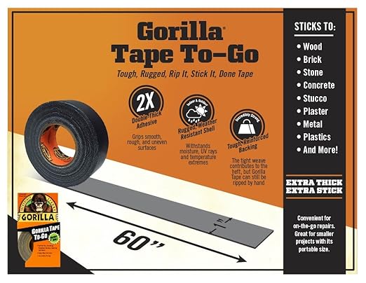 Gorilla 6100101-7 Duct Tape to-Go, 1" x 10 yd, Black, (Pack of 7), 7-Pack, 7 Piece