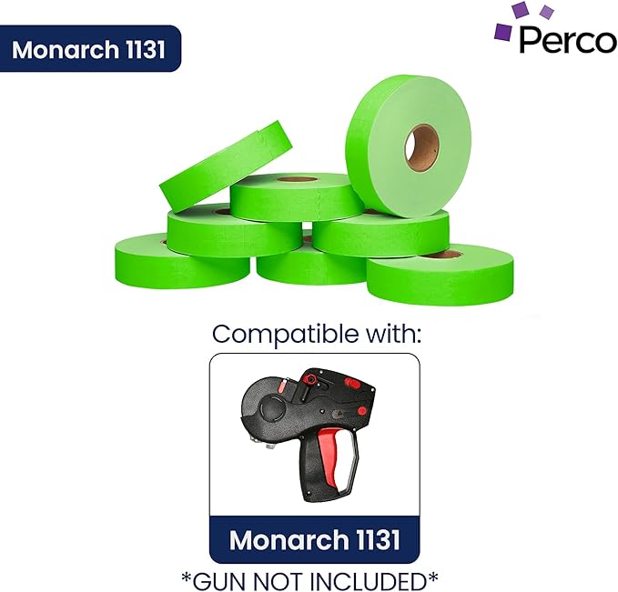 Perco Fluorescent Green Pricing Labels for Monarch 1131 Price Gun - 1 Sleeve, 8 Rolls, 20,000 Price Marking Labels - with Ink Roll Included