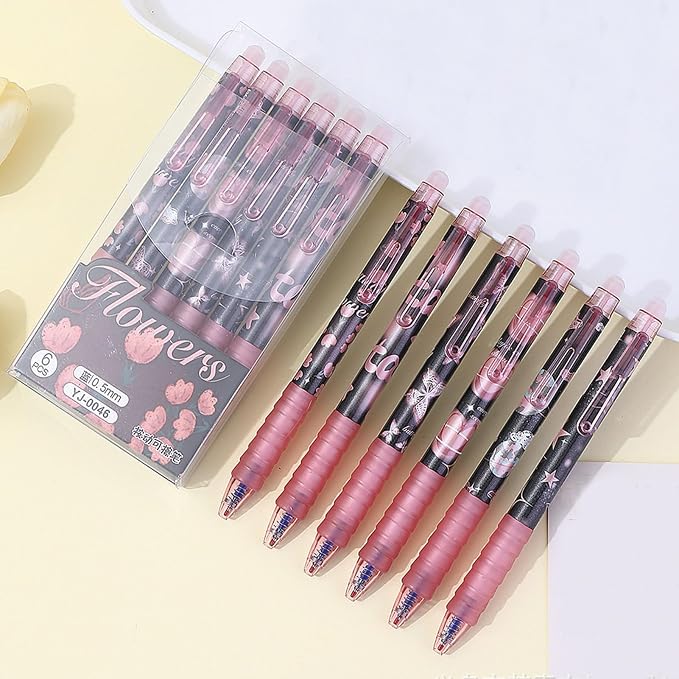 MOZXIRZ 6 Pcs Erasable Gel Ink Pens Retractable Pens 0.5mm Blue Ink Pen Office School Pens Cute Aesthetic Pen Women Girls (Blue Ink-Flowers)