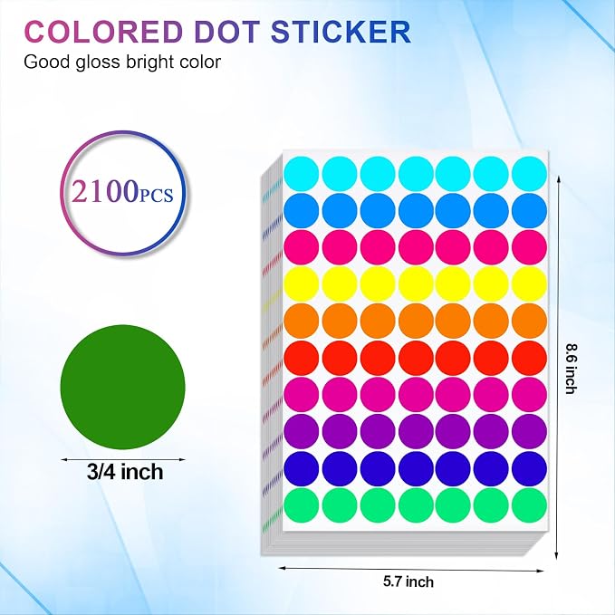 Dot Stickers 2100 Pcs, 3/4" Color Coding Labels Decor Classroom Must Haves, Round Circle Markers Sticker, Polka Circle Dot Price Stickers Label Sticker for Office Classification Tagging