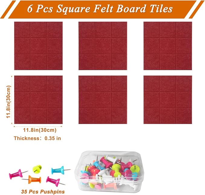 Large Square Felt Cork Board Tiles, Self Adhesive DIY Felt Bulletin Board Pin Board with 35 Pushpins for Office School Home Wall Decor Stickers Memos Photos Display (Red)