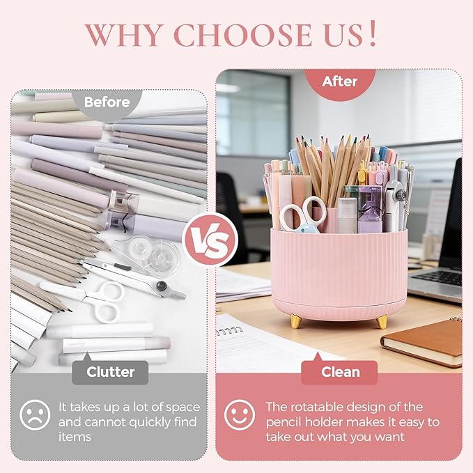 Pencil Pen Holder for Desk, 5 Slots 360 - Degree Rotating Desktop Organizer, Cute Desk Organizers and Accessories for School, Home, Office and Art Supply, Pink