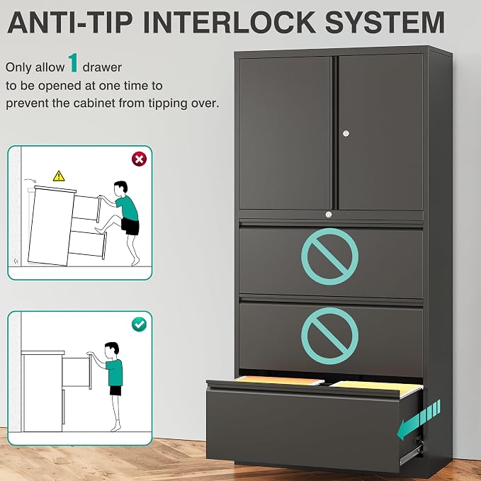 3 Drawer Lateral File Cabinet with Lock and Shelf,Black Metal Filling Cabinet with Drawers and Shelf, Locking File Storage Cabinets with Doors and Shelves for Home,Office,Garage,School