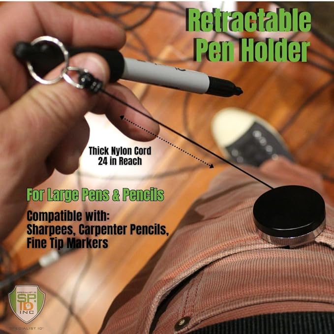 Heavy Duty Retractable Pull Pen Holder - Ideal for Markers & Carpenter Pencils - Thick Nylon Cable, Self Retracting Reel & Tight Metal Belt Clip Retractable Carpenter Pencil Holder by Reel-N-Rite