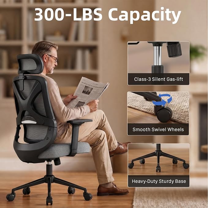High Back Ergonomic Desk Chair with Adjustable Lumbar Support and Headrest Home Office Desk Chair with flip-up Armrests for Home, Office, Gaming, Student（Black）