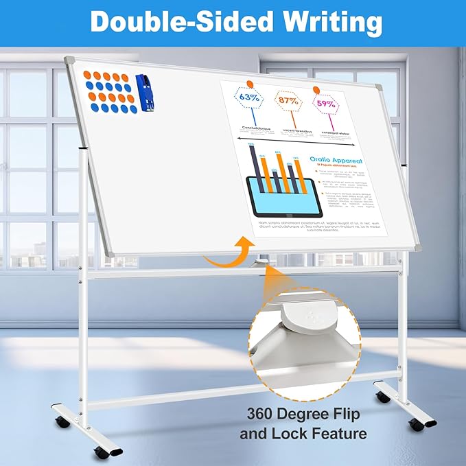 Double Sided Rolling Whiteboard 60 x 48 inch, Large Mobile Whiteboard Magnetic Dry Erase Board Easel Standing Board on Wheels for Office, School, Home, 2 Eraser, 6 Markers, 20 Magnets