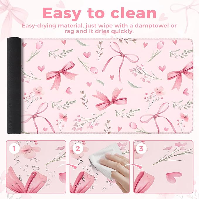 iCasso Pink Desk Mat,Cute Desk Pad for Women | Girly Bow Mousepad with Stitched Edges,Non-Slip Large Computer Mat for Study Home Office