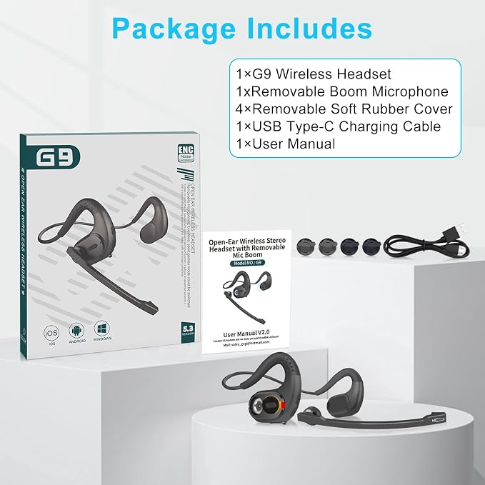 iDIGMALL Bluetooth Headset, Open Ear Headphones with Detachable Microphone | Multi-Point Wireless Headset with DSP Noise Canceling Mic for Phone PC Laptop Office Meeting Home Work, Comfort & Light, 12H