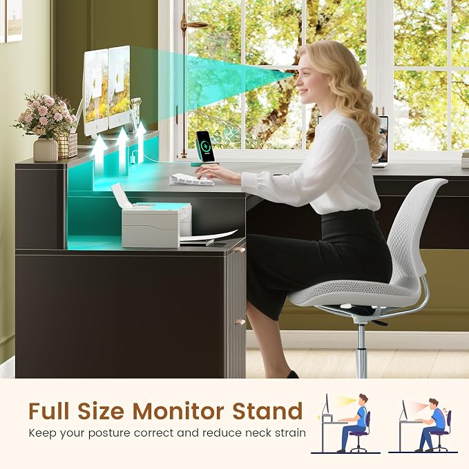SEDETA 66" Modern L Shaped Desk with Drawers, Fluted Home Office Desk with File Cabinet & Printer Shelf, Wood Executive Desk with Monitor Stand, Power Outlets, Led Lights, Black