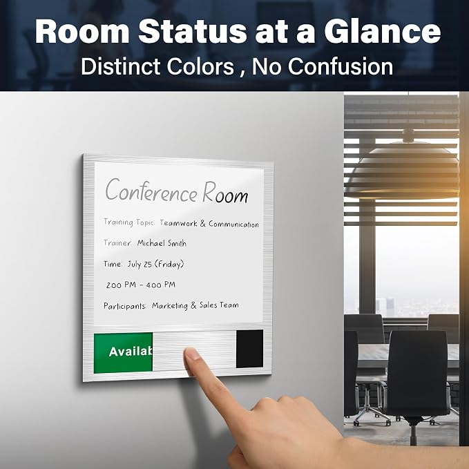 Conference Room Door Sign with Slider – Office Door Sign for Meeting Room, Writable Whiteboard Panel, DIY Custom Insert Options, In Use Available Sign, Self-Adhesive Mount, Brushed Silver