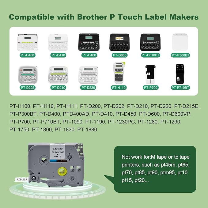 Label Maker Tape Replacement for TZe-231 TZe231 TZ-231, 12mm 0.47" Laminated Black on White for Brother P Touch PT-D210 PT-D220 PT-H110 PT-D400 PT-D410 PT-D600 PT-D610BT, 1/2" x 26.2ft,10-Pack