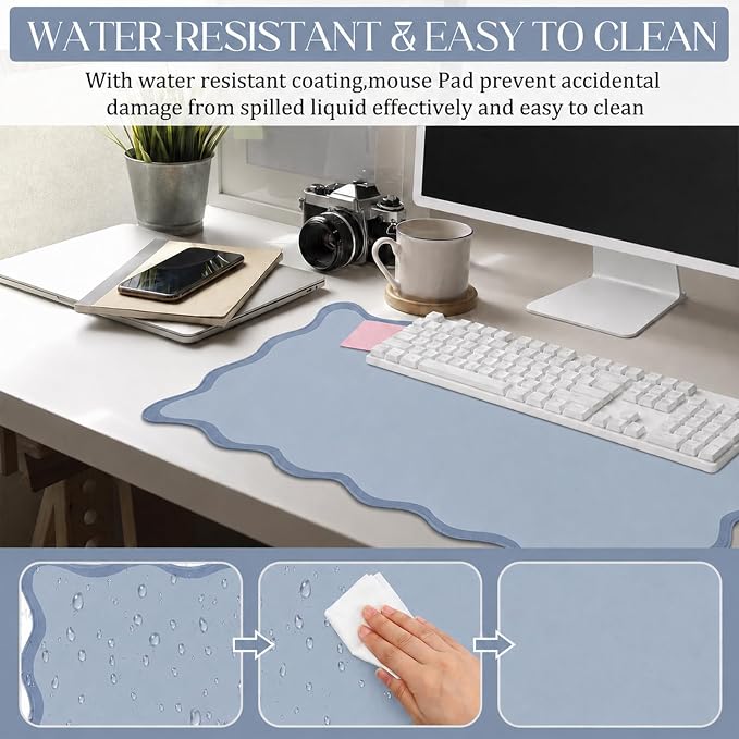 Hahafelt Scalloped Desk Mat Waterproof,Dusty Blue,31.5 X 15.8 Inches | Coquette Preppy Style for School Office Makeup Vanity, Nonslip Gaming Desktop Protector with Scalloped Stitched Edge Mat