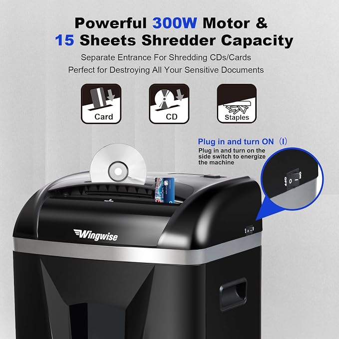 Wingwise Paper Shredder for Home, Cross Cut Credit Card Shredder (15 Sheets)