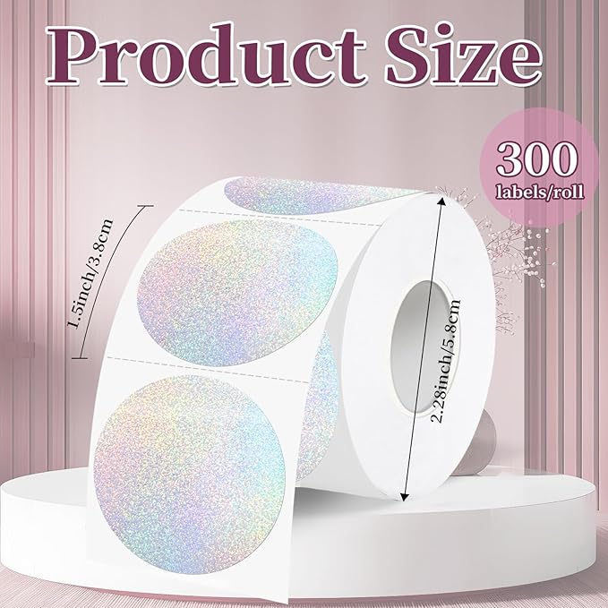 1.5 Inch Thermal Labels,Holographic Circle Direct Thermal Stickers,for Address Design DIY Logo Business(300 pcs/Small dots)