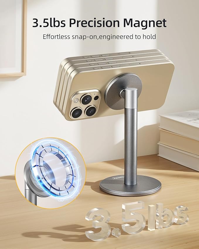 Nulaxy Magnetic Full Aluminum Cell Phone Stand with 360 Rotating Adjustment | Stable Base, Includes Metal Ring, Works with Thick Cases, Hands-Free, Office Accessories, Compatible with All Phones