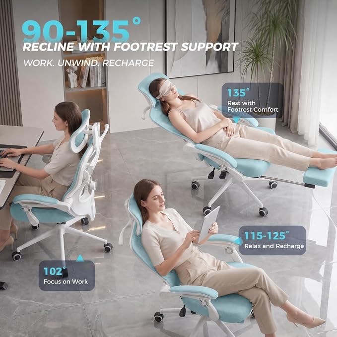CYKOV Ergonomic Office Chair, Reclining, Footrest, Adjustable Lumbar, 350LB | 4-Way Headrest (4.72" + 60°), 2-Way Lumbar (2" + 1.18"), 90-135° Recline, Breathable Mesh, Gaming & Office, 5-Year Warranty