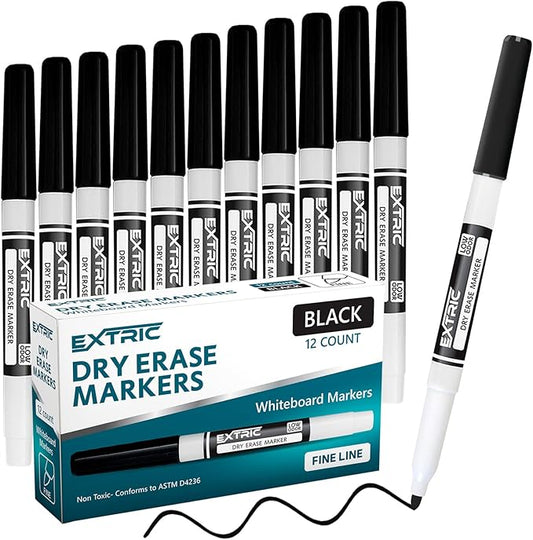 EXTRIC Black Dry Erase Markers Fine Tip, 12 Count Whiteboard Markers, Fine Point Dry Erase Marker, Dry Erase Markers for Kids, White Board Markers Dry Erase