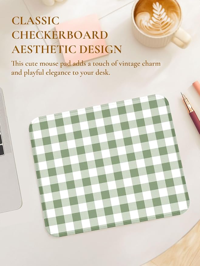 Square Cute Checkered Mouse Pad with Stitched Edge, Premium Waterproof Cloth Aesthetic Small Plaid Mouse Mat, Non-Slip Rubber Base Funny Mousepad Desk Accessories,Green White