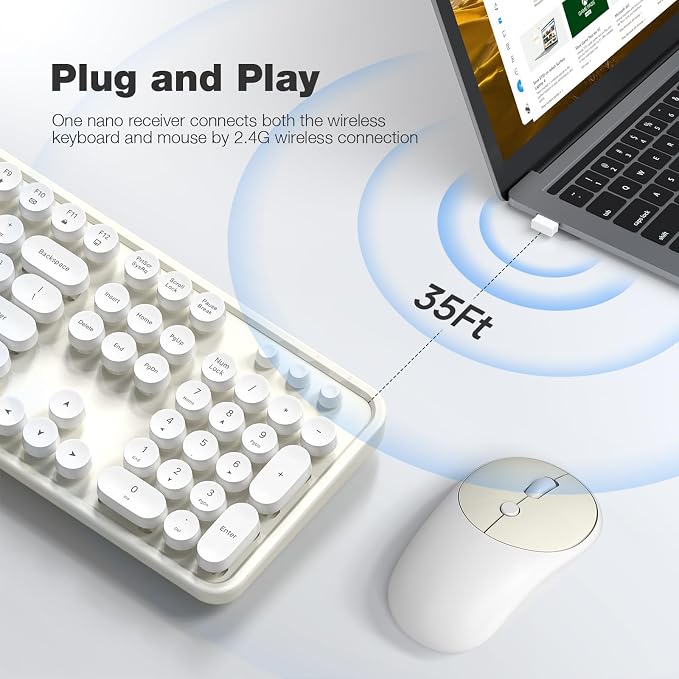 MOFII Wireless Keyboard and Mouse Combo, Computer Full Size 2.4G Plug and Play Wireless Typewriter Retro Round Keyboard and Mouse Set for Windows, Computer, Desktop, PC, Notebook - (Off White)
