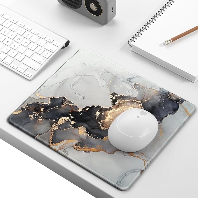 Mouse Pad, Minimalism Marble Style Computer Pad, Anti-Slip Rubber Mouse Mat with Stitched Edges for Gaming, Office, Laptop, PC, Women, 9" x 8" Thick 3 mm, Gray Gold Marble