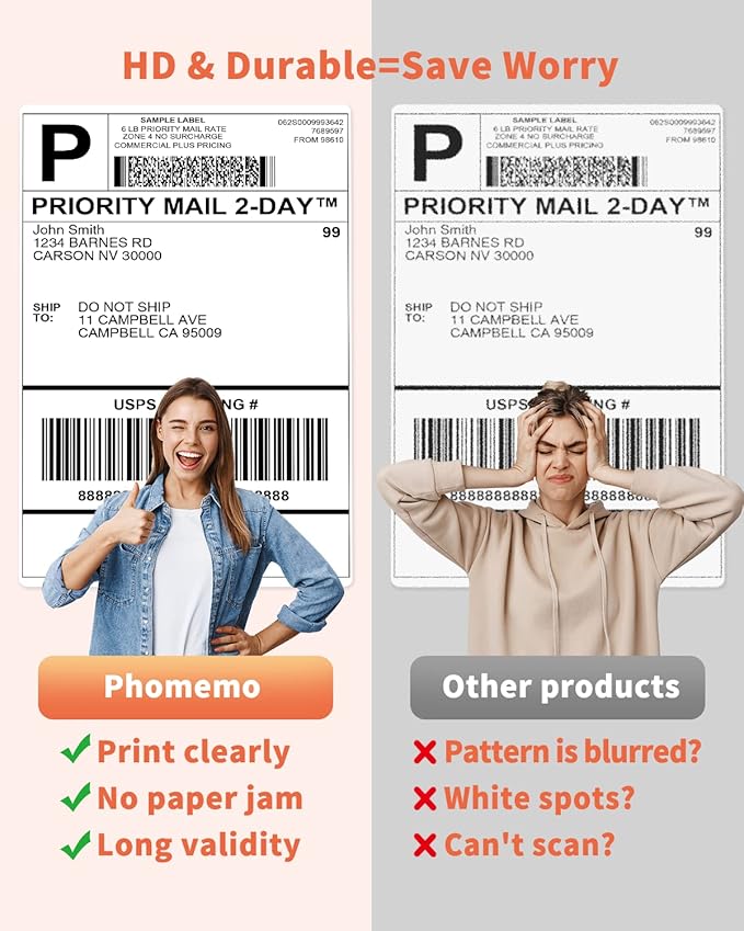 Phomemo Thermal Labels 4x6 for Shipping Packages, Direct Printer Label Paper 4x6 Shipping Labels Compatible with Rollo Zebra Brother MUNBYN Phomemo Nelko Omezizy, 250 pcs Shipping Seals Sticker