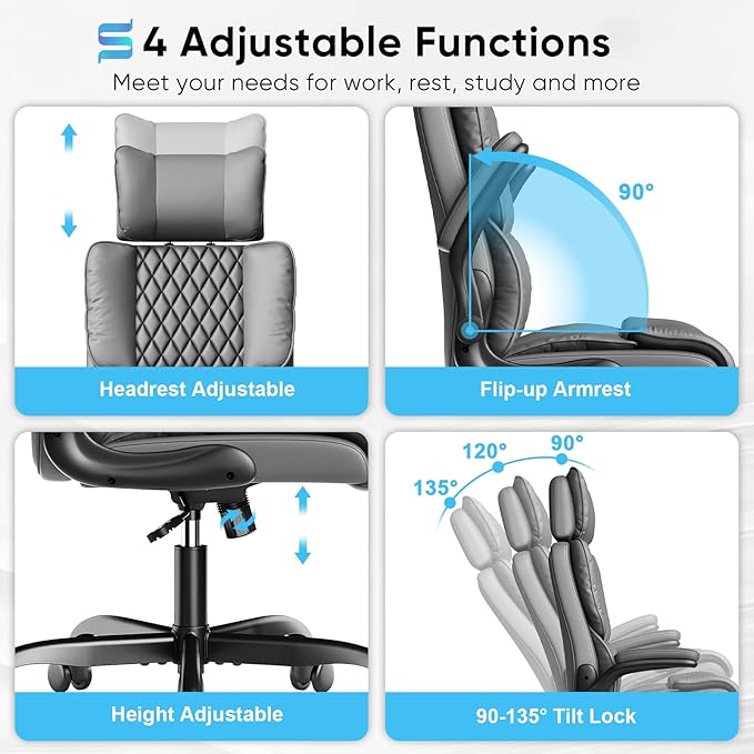 Sytas Executive Office Ergonomic Chair with Adjustable Headrest, PU Leather Desk Chair, High-Back Swivel Task Chair for Home Office, 135° Reclining, Gray