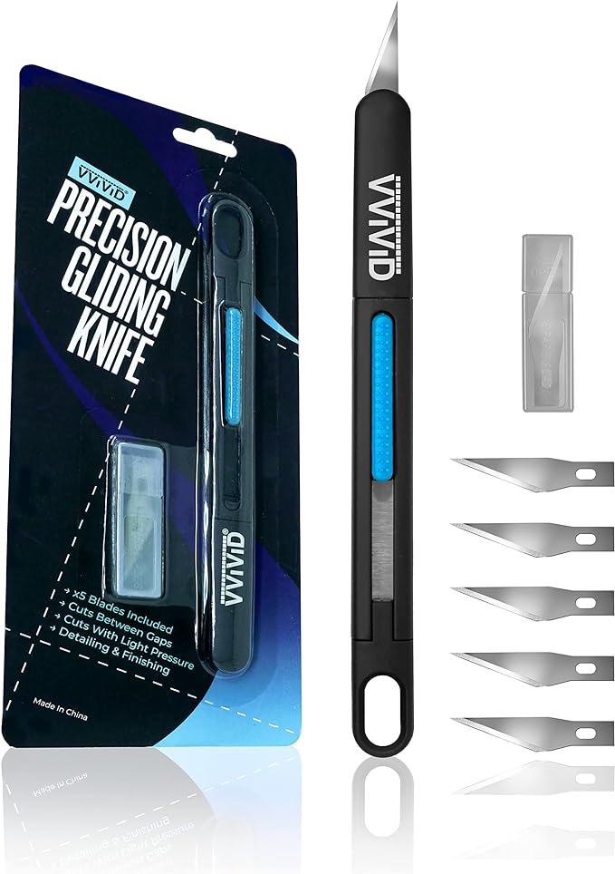 VViViD Precision Gliding Automotive Vinyl Wrapping Knife, Retractable, Safety locking, 5 Replacement Blades