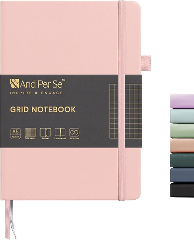 &And Per Se Graph Notebook, 5mm Grid, A5 Hardcover, 160 Pages 100gsm Thick Paper, Grid Journal for Diagrams, Wireframes, CAD Sketches (Pink)