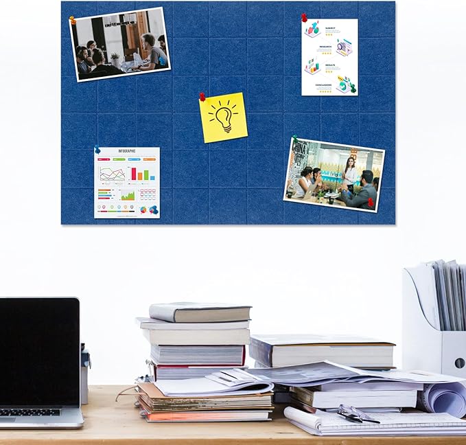 Large Square Felt Cork Board Tiles, Self Adhesive DIY Felt Bulletin Board Pin Board with 35 Pushpins for Office School Home Wall Decor Stickers Memos Photos Display (Blue)