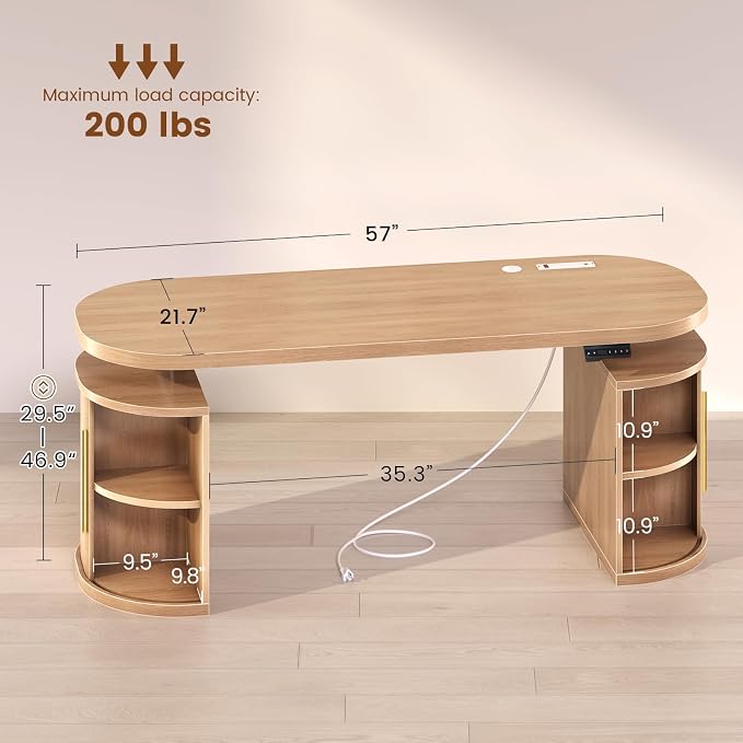 SEDETA 57" Standing Desk with Storage, Electric Height Adjustable Executive Fluted Desk with Curved Cabinets, Computer Desk with Power Strip for Home Office, Light Oak