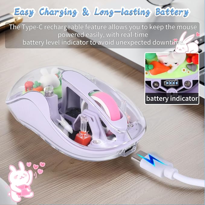 elec Space Cute Wireless USB C Mouse - Bluetooth Triple Mode Rechargeable Cartoon Mouse for Laptops, iPads & MacBook Air/Pro - Silent Operation, Portable Design, Unique Magnetic Character (Purple)
