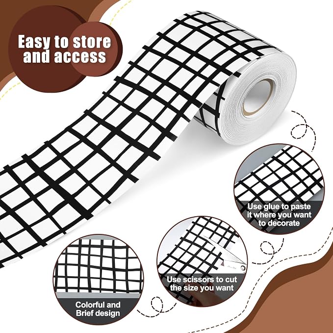 Zonon 65 Feet Bulletin Board Borders Black White Grid Striped Rolled Trim | Straight Scalloped Wavy Edges, Classroom Back to School Decor, Polka Dot Compatible, Office Display, Rolled Trim Design