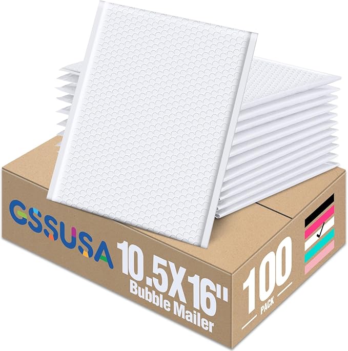 GSSUSA Large Bubble Mailers 10.5x16 Inch 100 Pack White Padded Envelopes, Strong Adhesion Packing Bags Self-Seal Shipping Envelopes for Mailing Clothes,Magazines