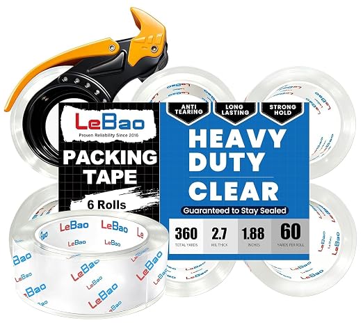 Heavy Duty Packing Tape with Metal Dispenser, 2.7 Mil Ultra-Thick Shipping Tape for Moving & Packaging, 1.88 Inch x 360 Yards, Crystal Clear Tape Refills for Boxes, Easy Start & Long-Lasting