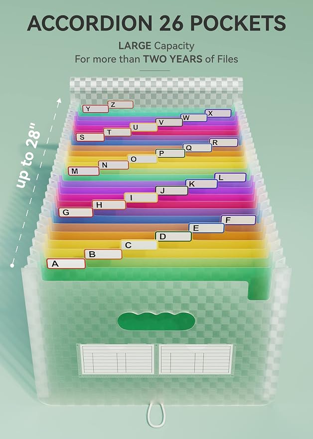ABC life 26 Pockets Accordion File Organizer, Expanding File Folder, Green | Monthly Bill & Receipt Holder with Colored A-Z Tabs, Portable Folder Organizer for Home Office School, Fits Letter/A4 Size