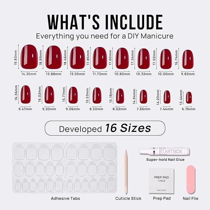 BTArtbox Press On Nails Short - Red Press on Nails Short Oval Nails Fake Nail with Nail Glue, Fit Perfectly, Reusable Glue On Nails in 16 Sizes, Cardinal
