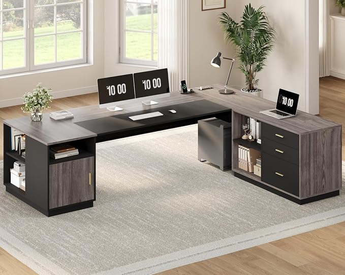 78.7" L Shaped Executive Desk with Lateral File Cabinet, Extra Large Office Desk with Drawers & Power Outlets, Modern Corner Computer Desk with Storage Shelves, Business Furniture, Grey
