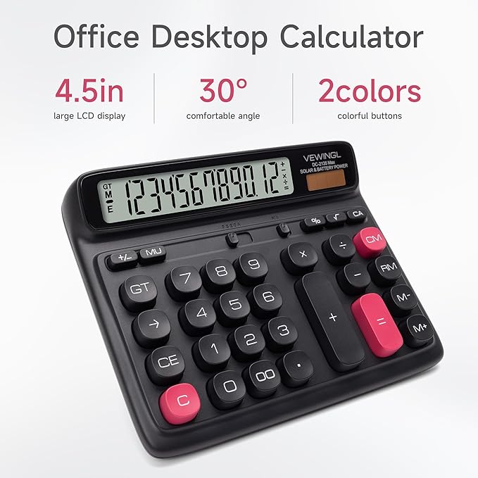VEWINGL Desktop Calculator with Large LCD Display, 12-Digit Dual Power Solar & Battery Office Calculator with Big Buttons for Business, Accounting & Home Use (Black, L)